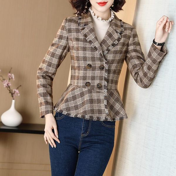 

women's wool & blends quality of 2021 autumn winters falbala little joker leisure cultivate morality short coat female grid cloth suits, Black