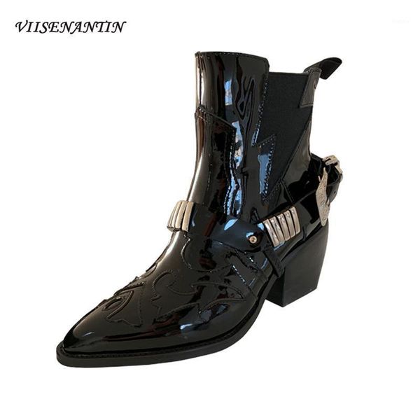 

metal decoration pointed thick heel leather boots women's british style cool short tube thin and handsome motorcycle boots1, Black