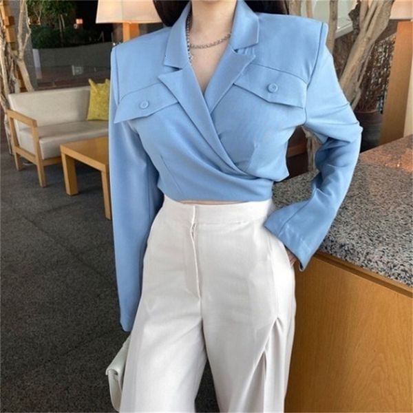

2021 new elegant female shirt a firm collar carved pockets long puff sleeve cut-out shirts fine office ladies spring clothes e74a, White