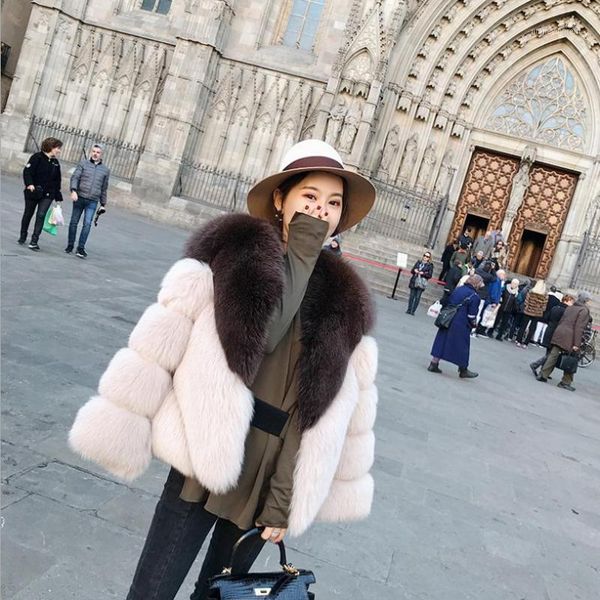 

women's fur & faux winter women's coat short color matching fake jacket female long sleeve slim stitching outerwear l11861, Black