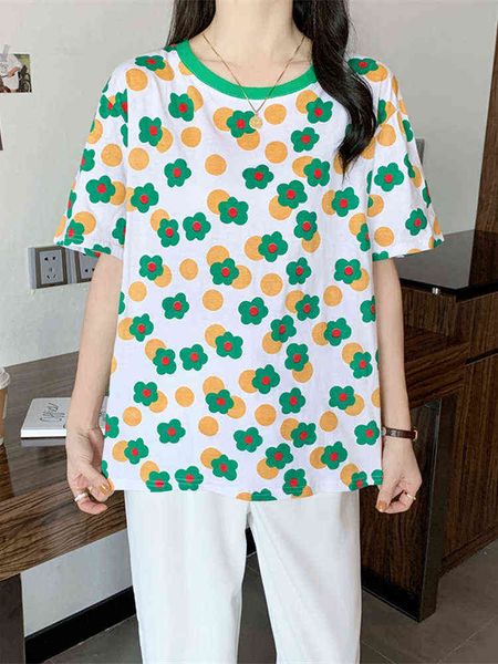 Koreanisches florales bedrucktes O-Ausschnitt 90er-Jahre-Studenten-T-Shirt mit kurzen Ärmeln für Damen, grafische T-Shirts, Harajuku, Kawaii-Kleidung, weiche, weiße, graue Tops G220310