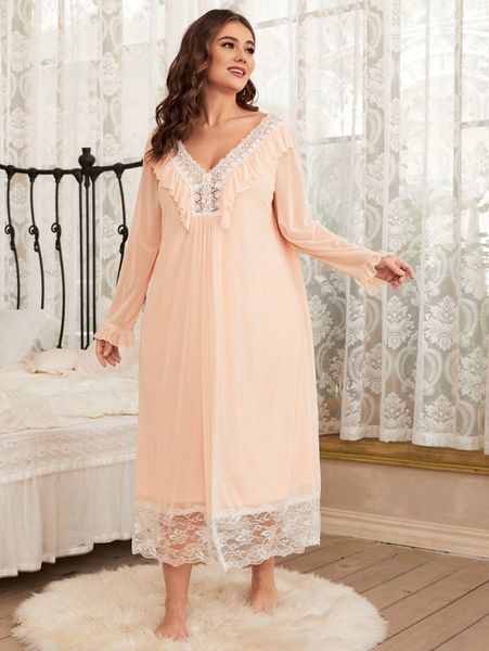 

plus ruffle detail lace insert flounce sleeve nightgown 16dt#, Black;white