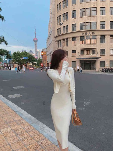

two piece dress fashion knit two pieces v neck vest slip dress + short outerwear casual wear versatile soft sweater autumn winter zlzt, White