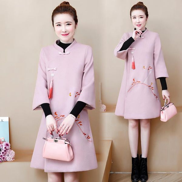 

women fall/winter woolen coat chinese style embroidery women long coat add wool thicken keep warm winter plus size, Black