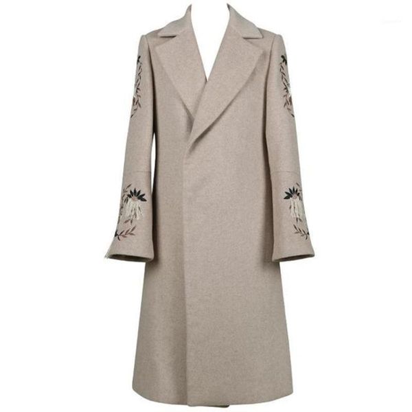 

vintage embroidered woolen coat women flare sleve autumn winter long overcoat1, Black