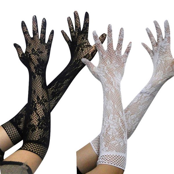

black white fashion women lace stretchy elbow length evening party summer sunscreen fishnet long gloves, Blue;gray