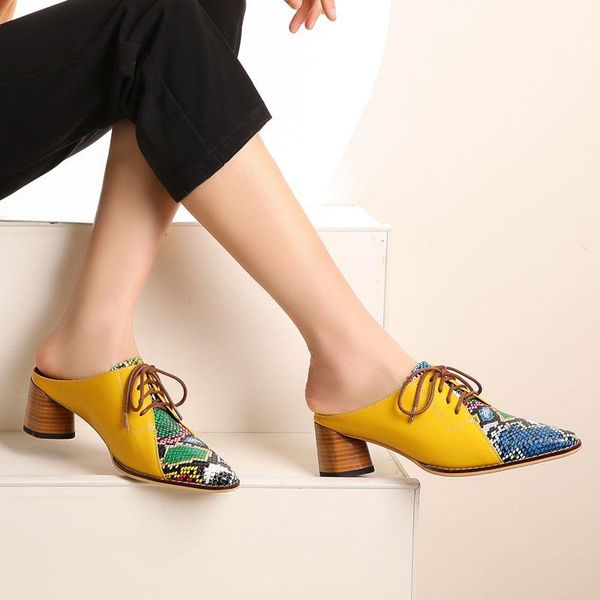 

coolulu 2020 женщины змея печати мулы высокий каблук блок узелок площади toe pumps животных печать обувь женская насосы размер 34-43, Black