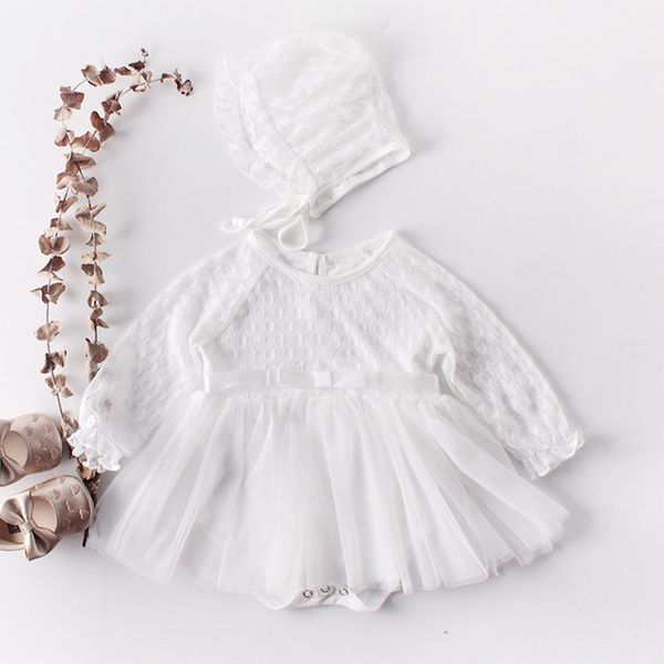 

0-2yrs spring autumn infant baby girls rompers clothes bodysuit long sleeve white lace + cap 210521, Blue
