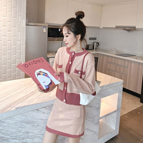 

two piece knitted woolen suit for women's dress wool dress net red small fragrance loose small tall fashionable autumn plfnk, Gray