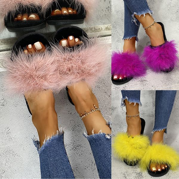 

мода лето плоский башмачок женщины мех тапочки пушистый fur слайды soft платформа обувь главная тапочки женщина furry fur вьетнамки y201026, Black