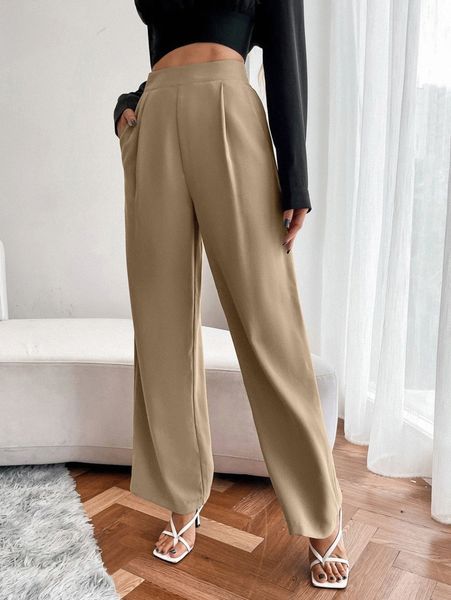 

high waist fold pleated pants 01zu#, Black;white