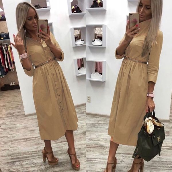 

women casual sashes front button party three quarter sleeve turn down collar solid winter new fashion dress y200102, White;black