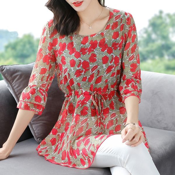 

mom short-sleeved belly-covering chiffon mid-length western style super fairy fat sister small floral mid-sleeved thin shirt shirt slimm, White