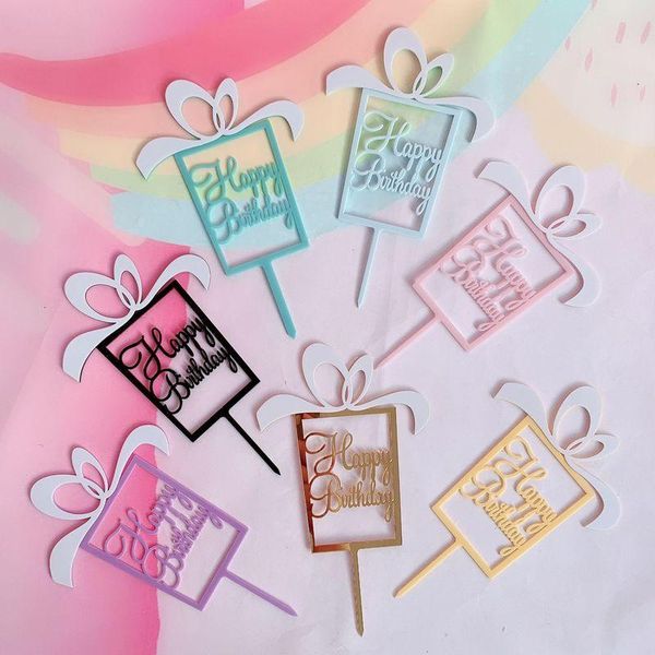 

ins new happy birthday acrylic cake er gold pink gift box cake er for kids birthday party decorations baby shower