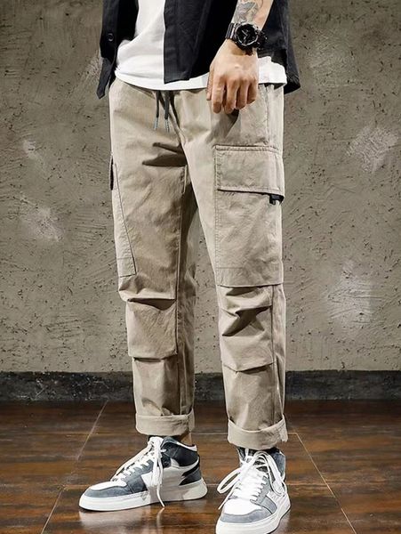 

men flap pocket side drawstring waist cargo pants v5lh#, Black