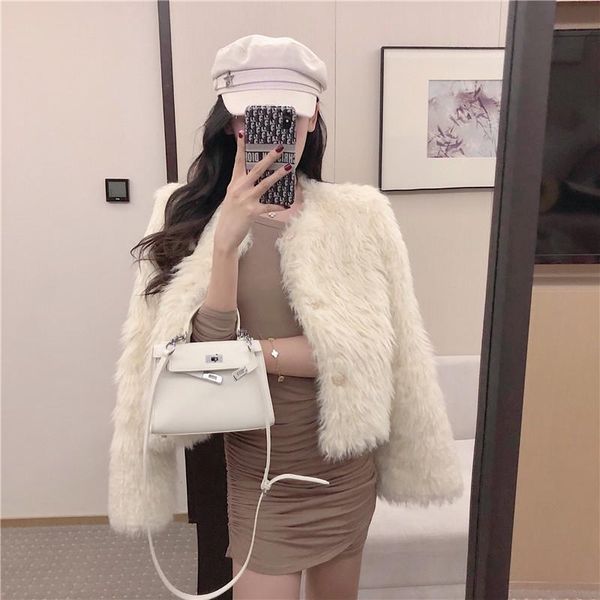 

women's fur & faux blue leathers fall winter 2021 young style one piece lamb plush coat loose jacket, Black