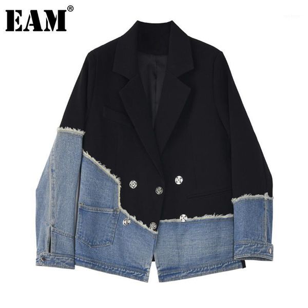 

eam] women black denim stitch temperament blazer new lapel long sleeve loose fit jacket fashion tide spring autumn 2020 1z7081, White;black