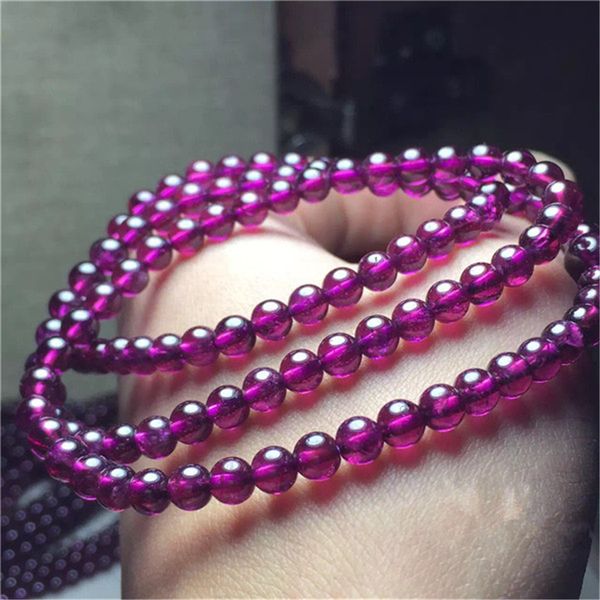 

6mm genuine purple natural garnet bracelets for women lady charming crystal round bead three laps bracelet, Black