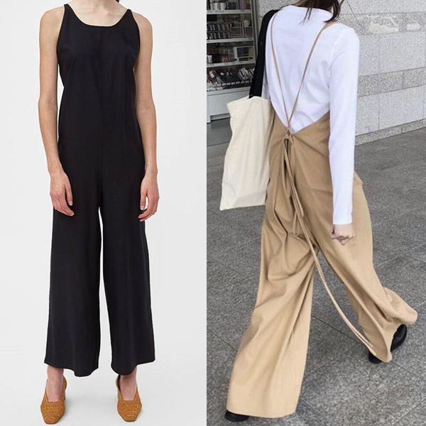 

2020 new women's suspenders jumpsuit elegant sleeveless drape wide leg romper pants lady office wear backless clothing, Black;white