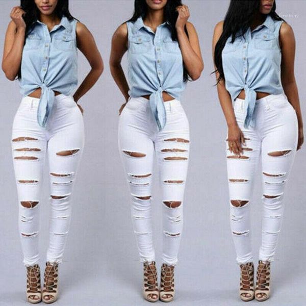 

women high waist ripped jeans elastic destroyed hole pencil pants stretchy ripped denim skinny holes pants1, Black;white