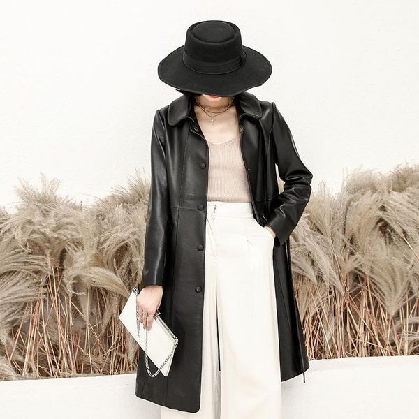 

korean real long women leather jacket spring autumn sheepskin coat fashion slim cuero genuino 2222 pph4861, Black