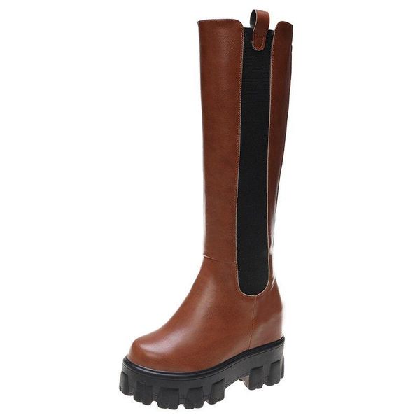 

autumn ladies knee high boots women fashion thick sole platform leather boots winter woman 10cm high heels shoes, Black
