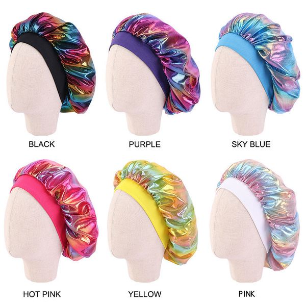 

cute children's elastic hair cap for sleeping laser headband baby shower bath silk night styling turban round hat, Blue;gray