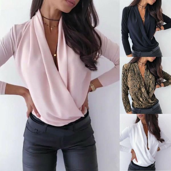 

fashion women's blouse casual long sleeve tunic casual deep v-neck basic shirt blouse loose tee streetwear, White
