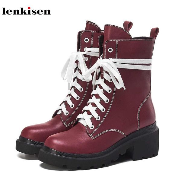 

lenkisen classic genuine leather lace up round toe high heels high fashion side zipper winter keep warm women mid-calf boots l70, Black