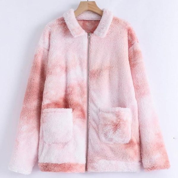 

women tie-dye teddy coat fluffy 2021 fashion streetwear warm soft jacket zipper plush casual loose lamb faux fur female overcoat1, Black;brown