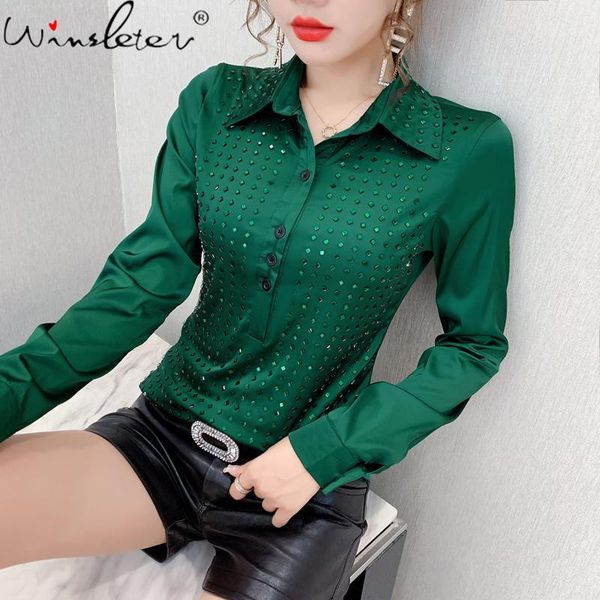 

spring fall european clothes blouse fashion shiny diamonds collar button pullover ropa mujer shirt 2021 t00006a, White