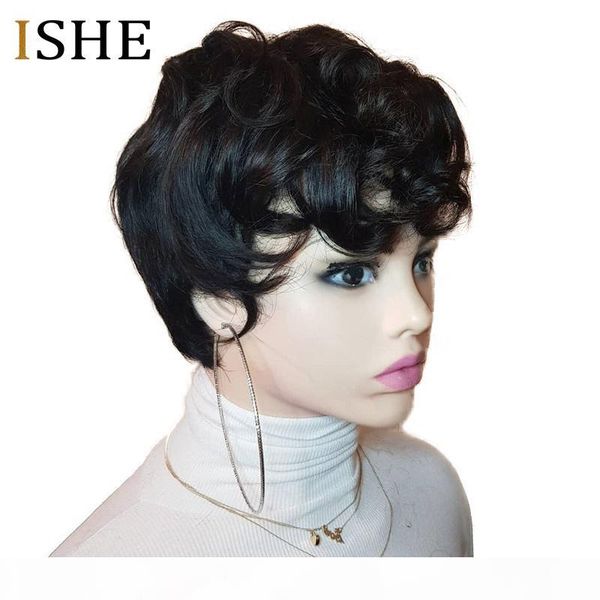 

13x6 side part lace front human hair short wigs wave short bob wigs glueless pixie cut preplucked black remy hair for women ishe
