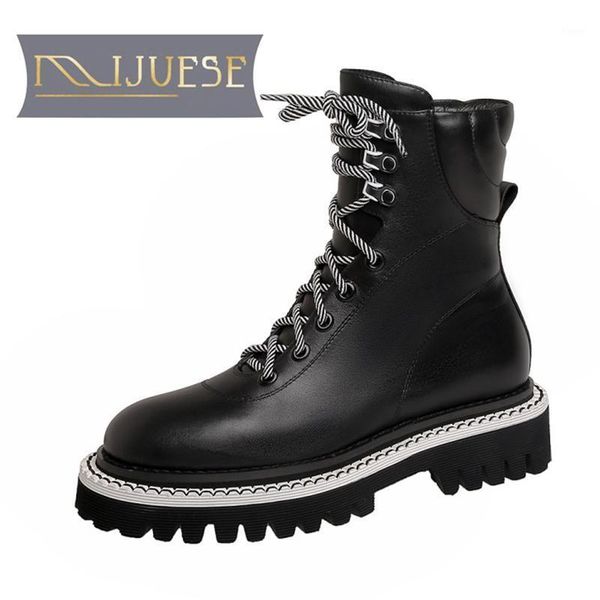 

mljuese 2021 women ankle boots soft cow leather winter short plush lace up round toe high heels equestrian boots party dress1, Black