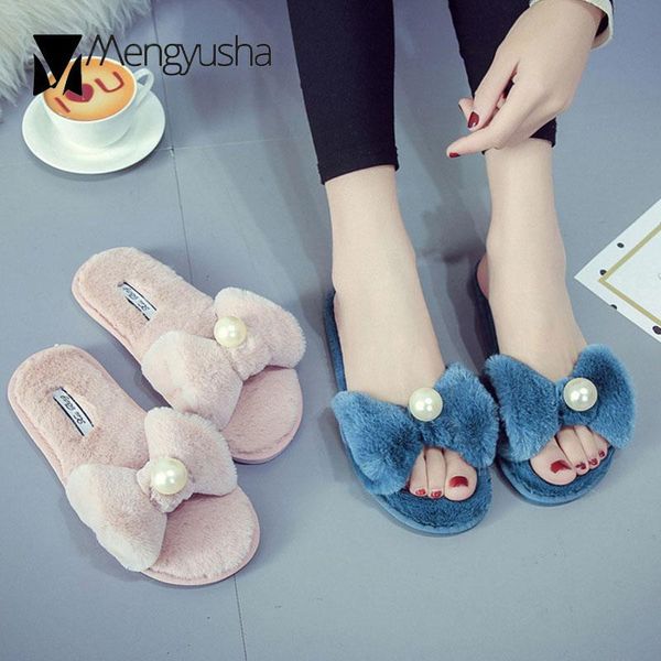 

slippers women indoor furry girls big pearl bow-knot fur slides ladies plush winter shoes cozy warm home cotton pantuflas 2021, Black