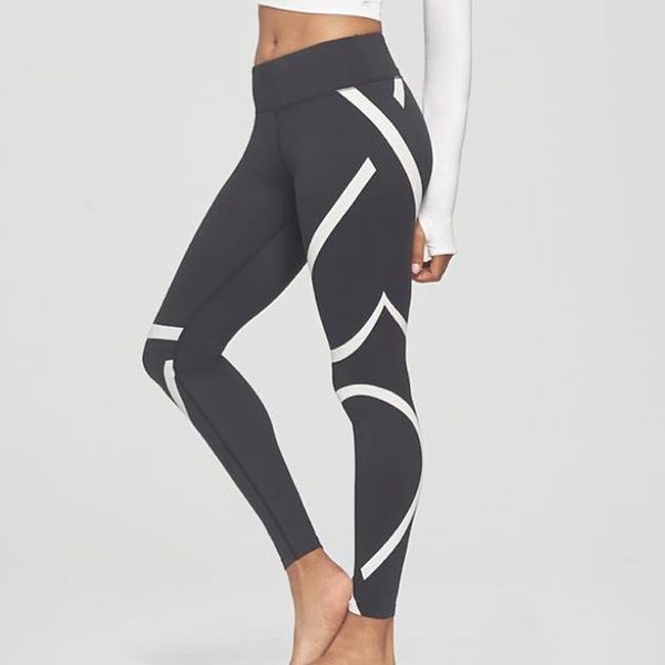 

women's leggings 2021 high waist stripe printing put hip elastic legging breathable slim pants, Black