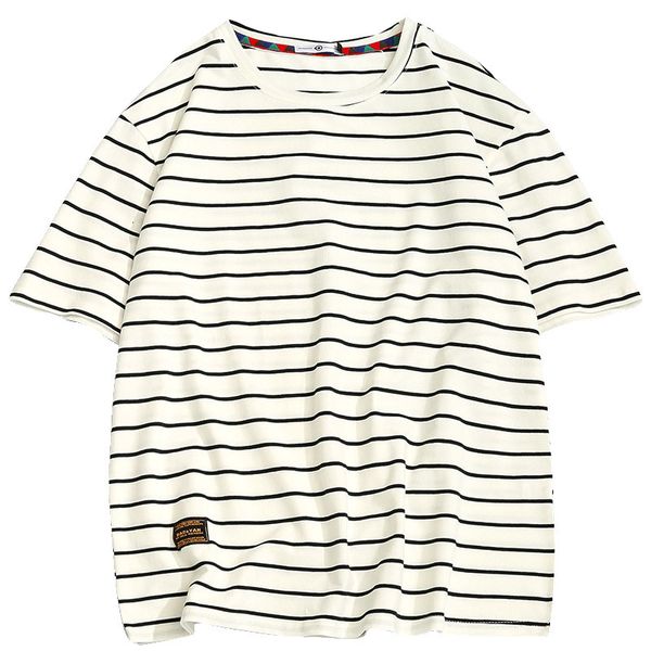 

2021 new summer short sleeves harajuku korea fashion striped t-shirt streetwear one piece hip hop punk men tees tshirt clothes 5ihm, White;black
