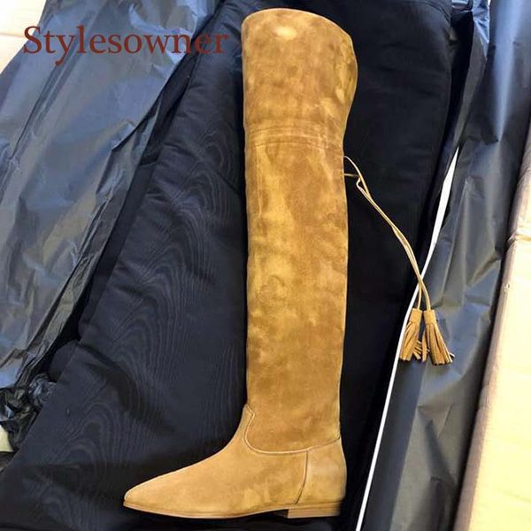 

boots flock over-the-knee long-tube woman all-match elastic band flat autumn winter brown black plus velvet