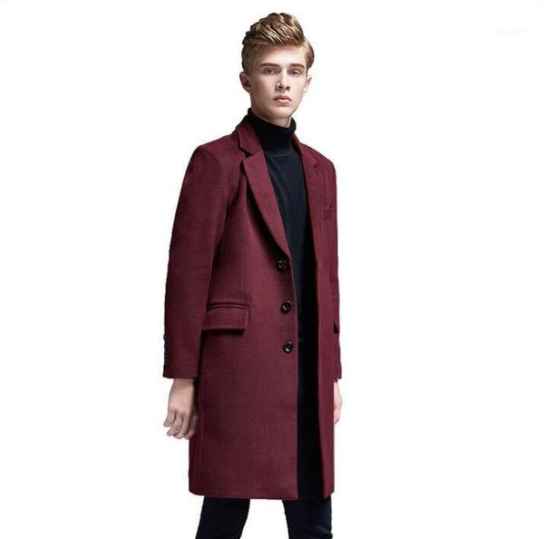 

men's wool & blends casual coat men trench coats long sleeves overcoat single-breasted suits mens cashmere england autumn winter wine r, Black