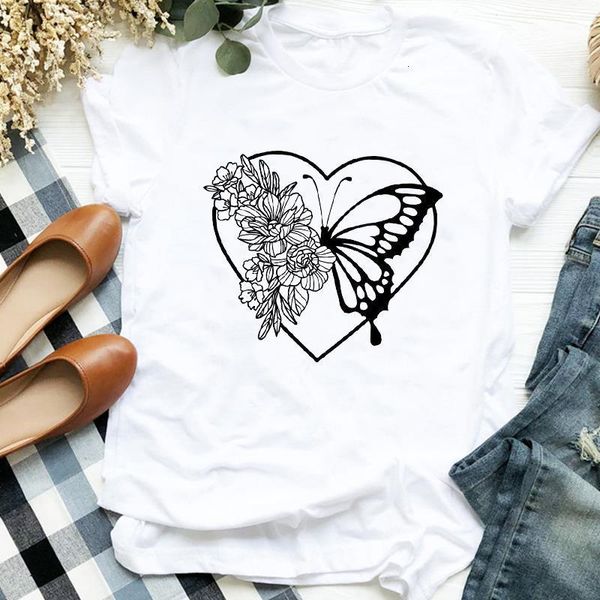 

women lady floral butterfly love heart summer autumn 90s print t tee womens tshirt for female shirt clothes graphic t-shirt, White