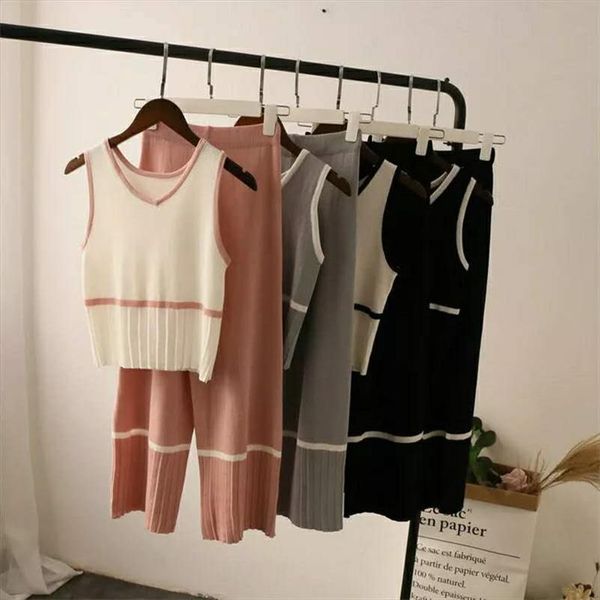 

2021 summer female korean fashion sleeve sling knitted tank suit set women wide leg pants mid calf length suit 2pcs se393, Gray