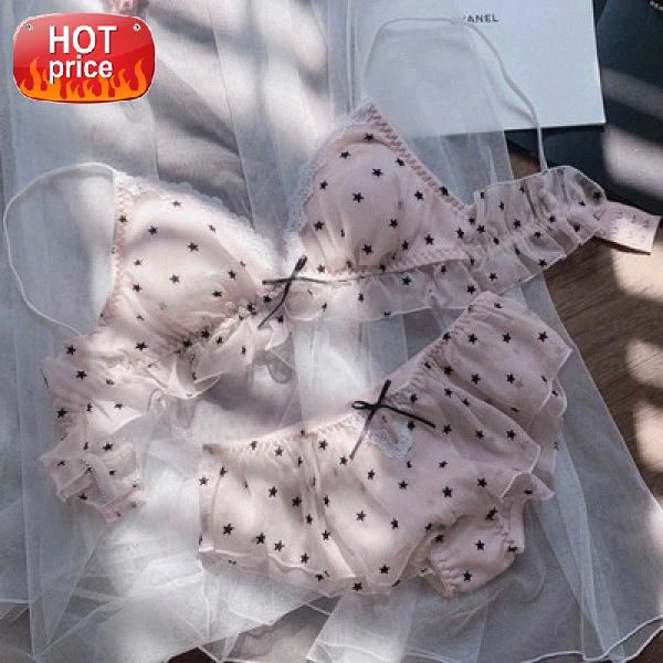 

kawaii underwear women pink blue sweet lolita wire dot thin bra and panty set for small breast lace sleepwear bralette #1m0t, Black;white