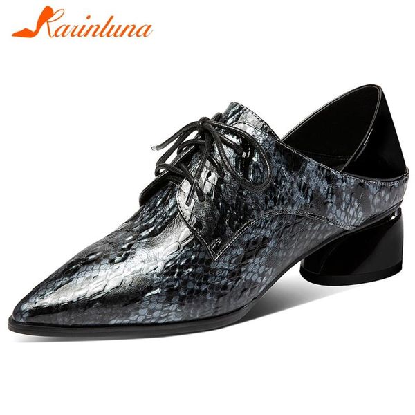 

karin genuine leather classic ladies leisure pumps pointed toe snake print lace up round heels women pumps women shoes, Black