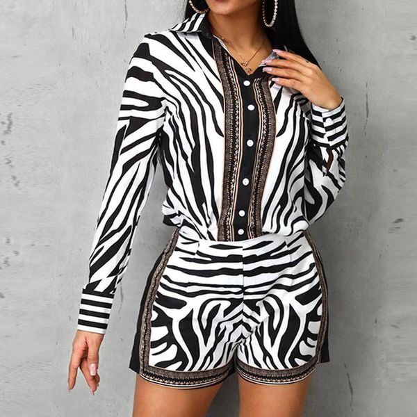 

2 piece set women zebra print buttoned shirt and zipper shorts sets casual two piece set female 2021 autumn women's two suit, White