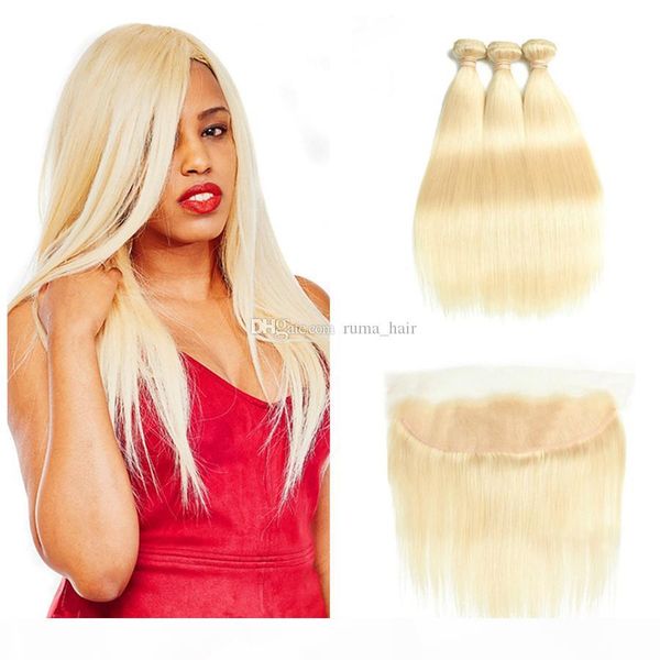 

straight human hair bundles with lace frontal closure 9a blonde 613 hair 3bundles with lace frontal malaysian virgin hair weft, Black;brown