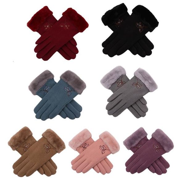 

women winter outdoor driving touch screen gloves leaves embroidery thick plush lined thermal stretch mittens hand warmer, Blue;gray