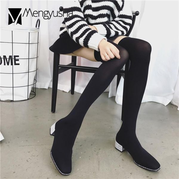 

black thigh high boots women silk stockings over knee botas crystal chunky heels ladies slim long boots shoes