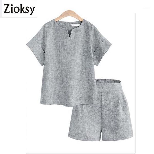 

zioksy 2017 new loose summer women sets solid color short-sleeved 2 pieces sets women tracksuit linen t shirts shorts1, White