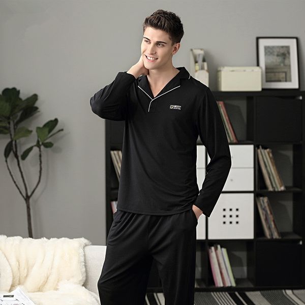 

super soft men's modal night-suit solid color lapel sleepwear man's army green autumn pyjama set all cotton blue comfy homecloth 2, Black;brown