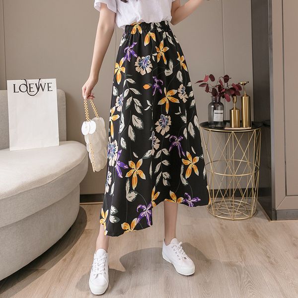 

new women lace-up beach irregular skirts flower print chiffon high waist female midi a-line lady skirt summer 2021 l8qr, Black