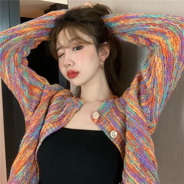 

rainbow sweater cardigans casual chic colorful women cardigans long sleeve boho vintage knitted sweaters spring 2021, White;black